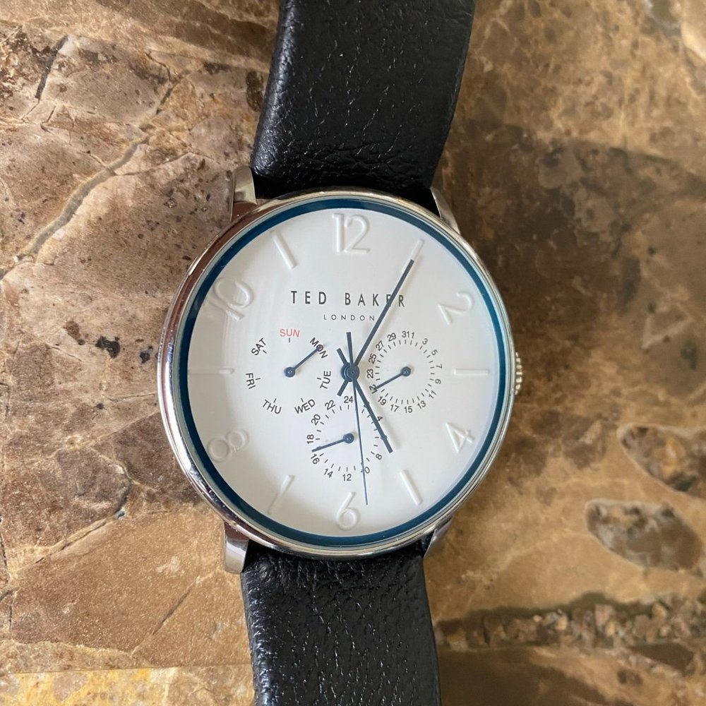 Ted Baker TE50623003 Men's MultiFunction White Dial Watch w/ Black Leather Band